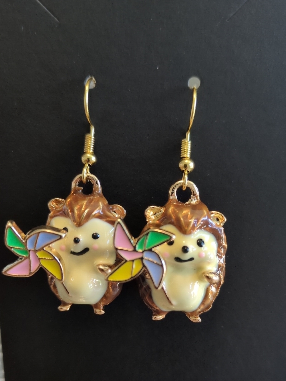 Cute Hedgehog Pinwheel Drop Earrings - Gold Tone, Multicolor